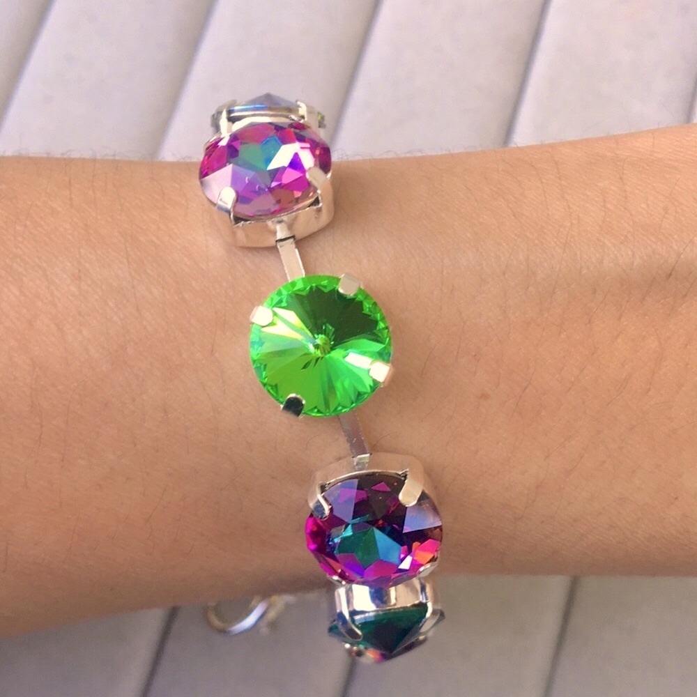 Iridescent Emerald + Fuchsia Heliotrope Silver Crystal Tennis Bracelet - Picture 7 of 8